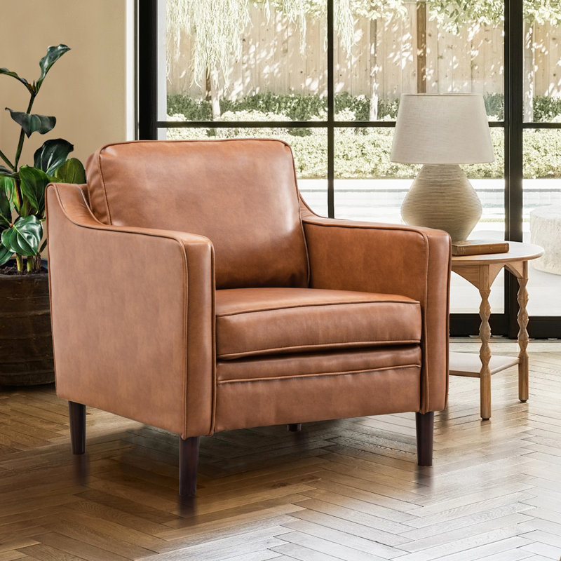 Jannae 32 inch Vegan Leather Upholstered Square Arm Accent Chair George Oliver Fabric or Leather Type Brown Faux Leather